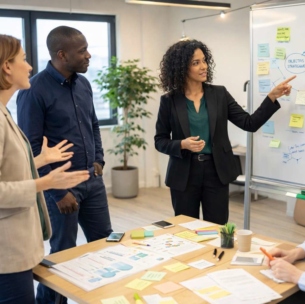 Réunion de travail avec présentation stratégique en entreprise