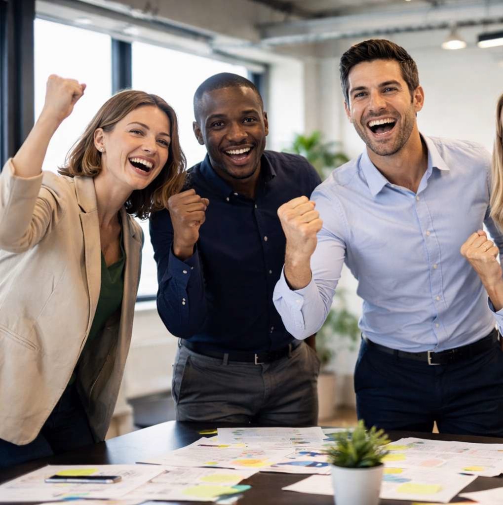 Équipe en entreprise célébrant une réussite collective et la performance